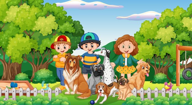 Escena del parque con niños jugando con sus perros.