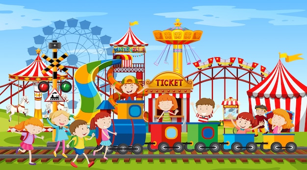 Vector gratuito escena del parque temático con muchas atracciones y niños felices.