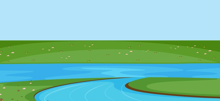 Vector gratuito escena del parque vacío con río en estilo simple