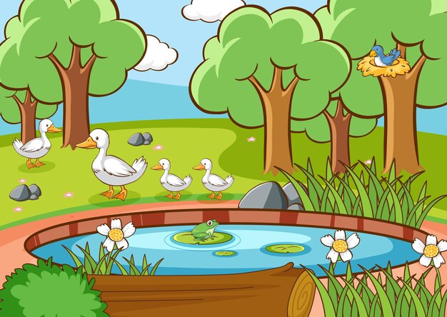 Escena con patos y aves junto al estanque.