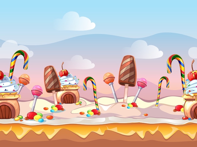Escena perfecta de dibujos animados cuento de hadas dulces para juego de computadora. diseño dulce, decoración de alimentos, pastel de postre.