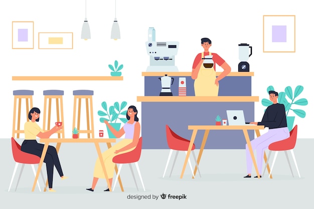 Escena de personas sentadas en un cafe