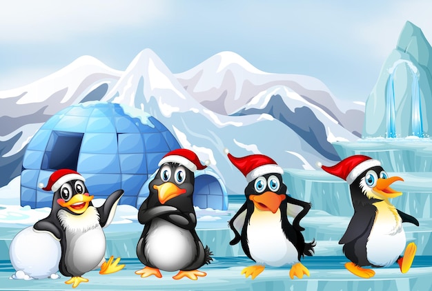 Escena con pinguinos con gorro navideño.
