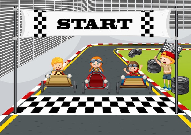 Escena de pista de carreras con niños pilotos de carreras.