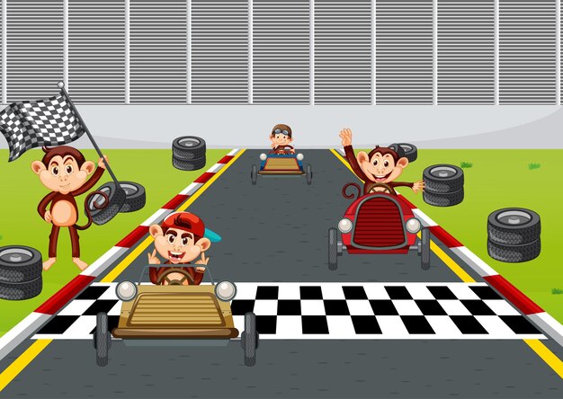 Escena de pista de carreras con pilotos de carreras de monos.