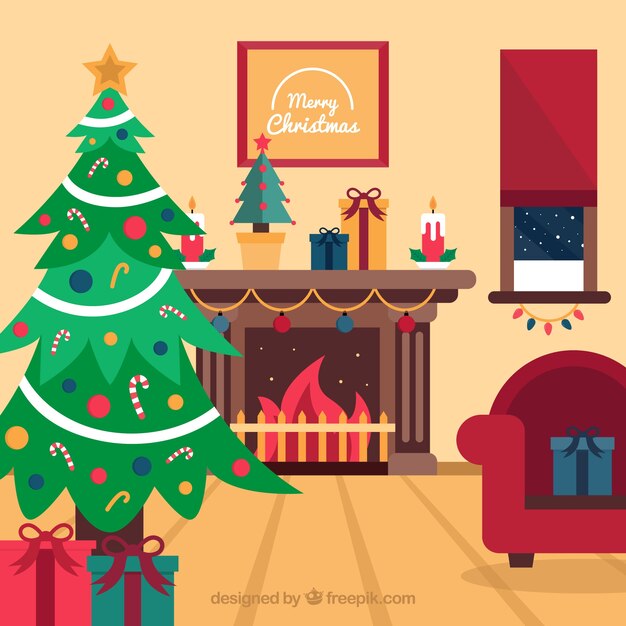 Escena plana de la chimenea de navidad con un árbol navideño