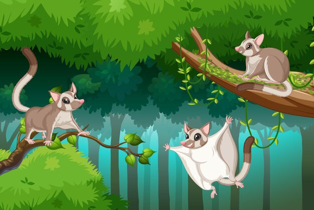 Escena con planeador del azúcar en el bosque.