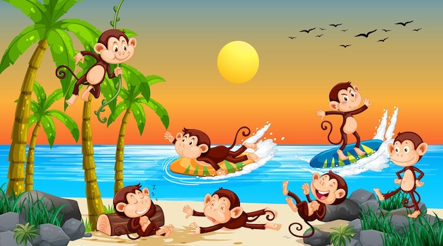 Escena de playa con monos haciendo diferentes actividades.