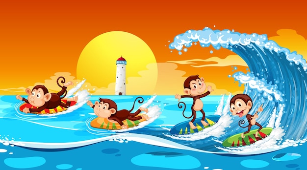 Escena de playa con monos realizando diferentes actividades.