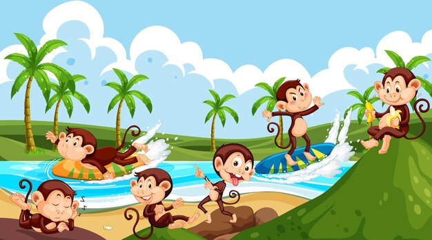 Escena de playa con monos realizando diferentes actividades.