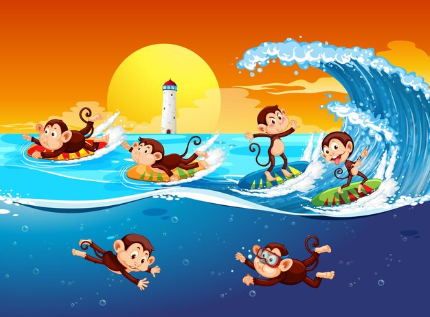 Escena de playa con monos surfeando.