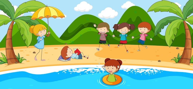 Escena de playa con muchos niños doodle personaje de dibujos animados