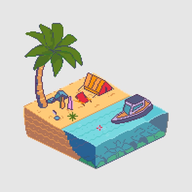 Escena de playa de pixel art isométrica