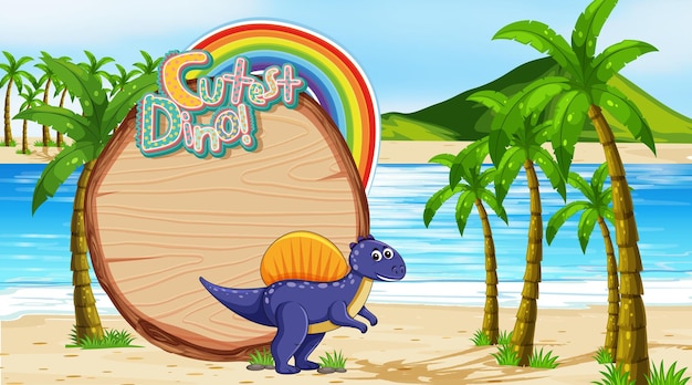 Escena de playa con plantilla de tablero vacío y personaje de dibujos animados lindo dinosaurio
