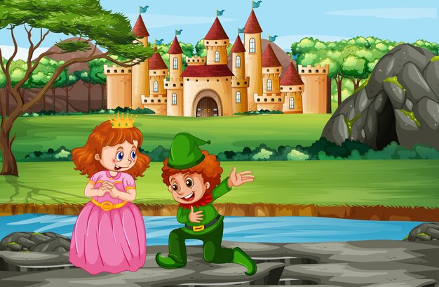 Escena con el príncipe y la princesa en el castillo.
