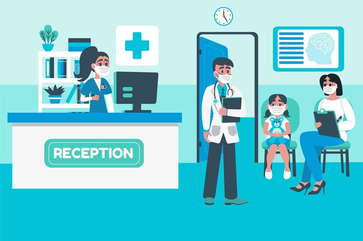 Vector gratuito escena de recepción de hospital dibujada a mano con personas con máscaras faciales
