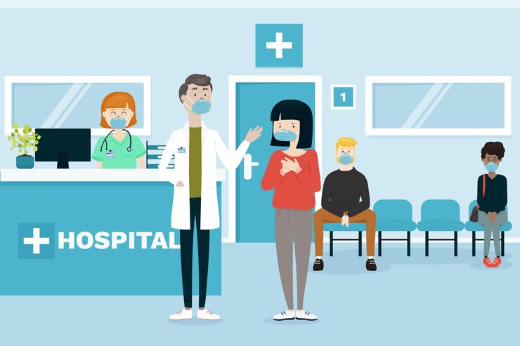 Vector gratuito escena de recepción de hospital dibujada a mano plana