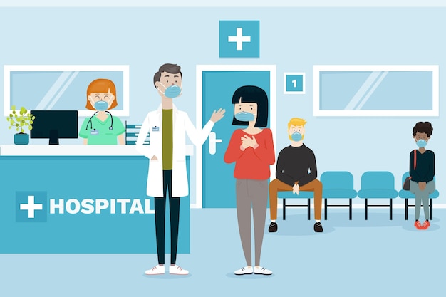 Escena de recepción de hospital dibujada a mano plana