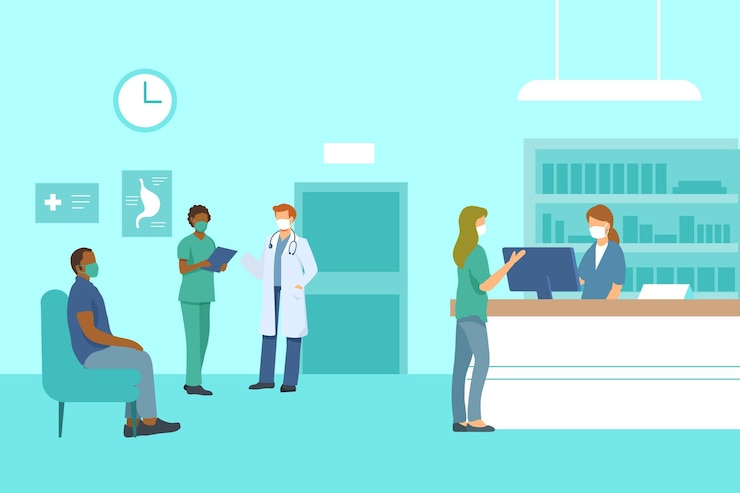 Vector gratuito escena de recepción de hospital dibujada a mano plana