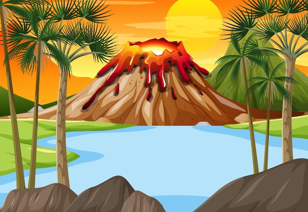 Vector gratuito escena con río y volcán.