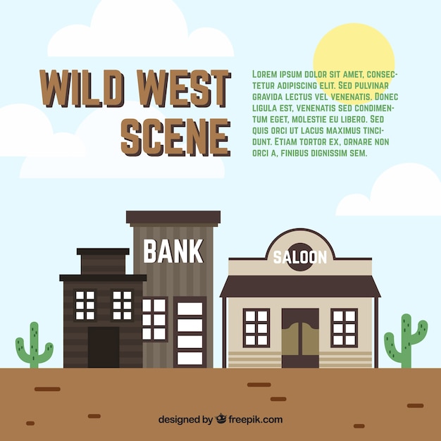 Escena del salvaje oeste con banco y taberna