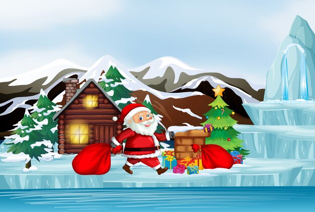 Vector gratuito escena con santa en invierno