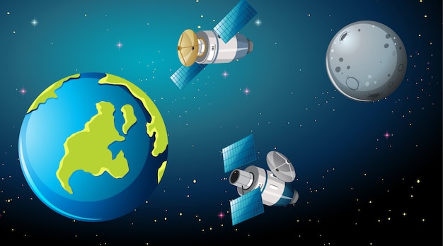 La escena de los satélites alrededor de la Tierra