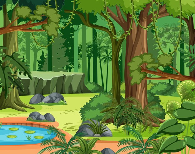 Escena de la selva con lianas y muchos árboles.