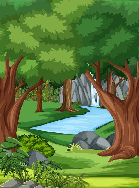 Escena de la selva con muchos árboles y cascadas