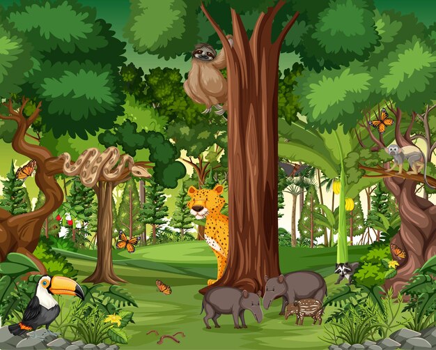 Escena de la selva tropical con animales salvajes.