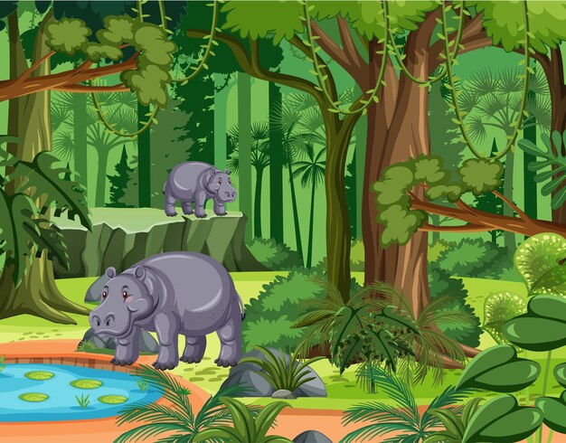 Escena de la selva tropical con familia de hipopótamos