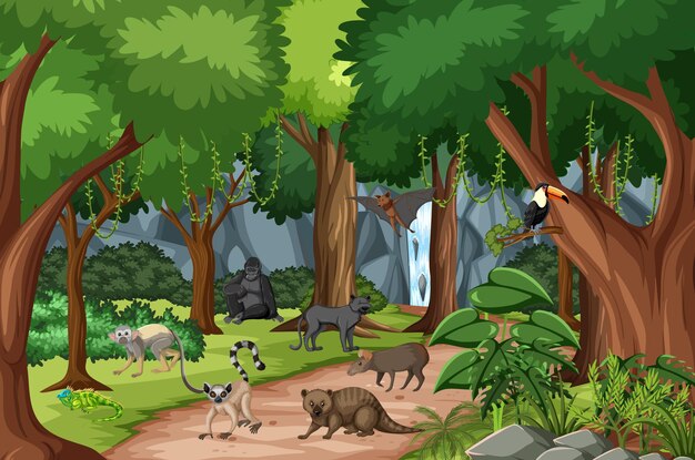 Escena de la selva tropical con varios animales salvajes.