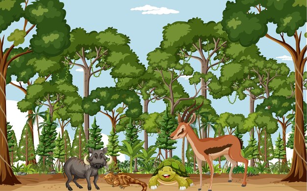 Escena de la selva tropical con varios animales salvajes.