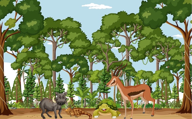 Escena de la selva tropical con varios animales salvajes.