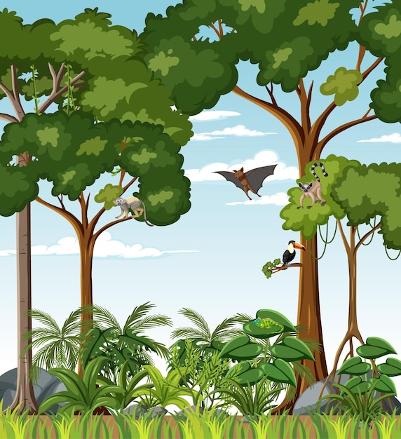 Escena de la selva tropical con varios animales salvajes.
