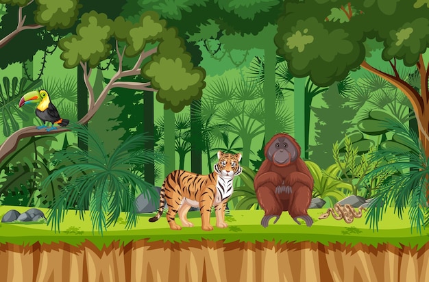 Escena de la selva tropical con varios animales salvajes.