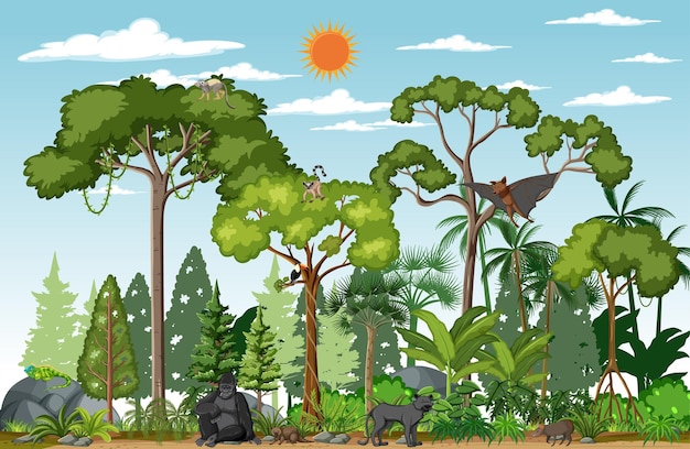Escena de la selva tropical con varios animales salvajes.