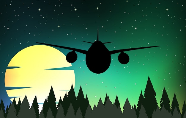 Vector gratuito escena de silueta con avión volando