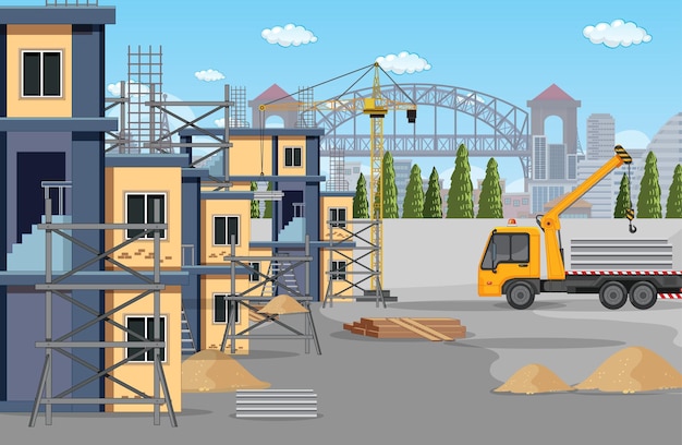 Vector gratuito escena del sitio de construcción de edificios