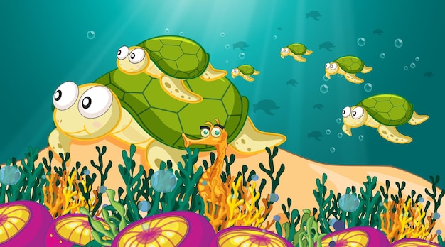 Vector gratuito escena submarina con animales marinos y arrecifes de coral tropicales.