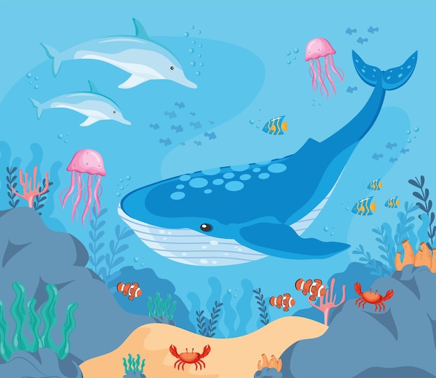 Vector gratuito escena submarina con animales.