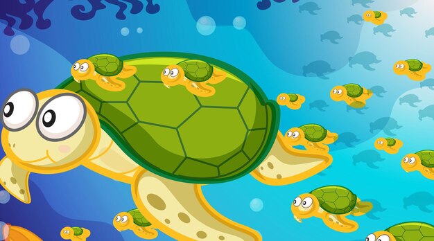 Escena submarina con muchas tortugas nadando.