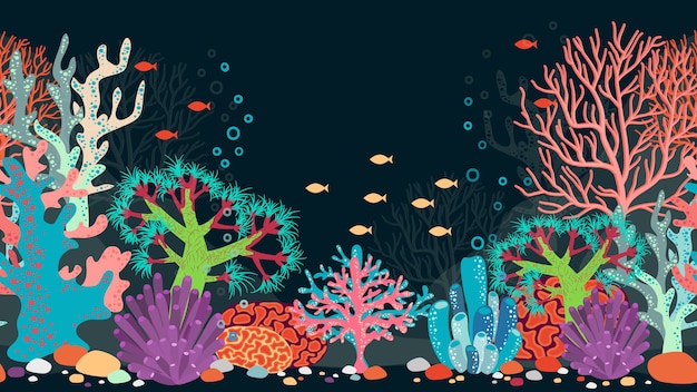 escena submarina. Océano y coral, arrecife y agua, peces y naturaleza, animales y burbujas