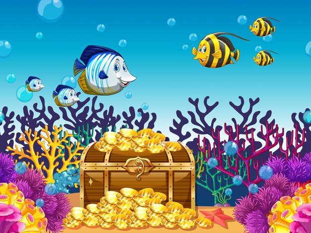 Escena con tesoro y peces bajo el agua.