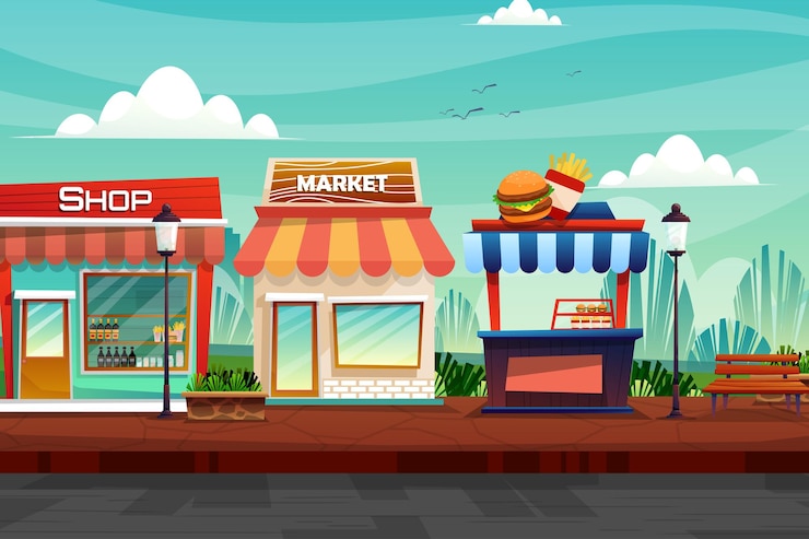 Vector gratuito escena de tienda de bebidas, mercado y tienda de hamburguesas y papas fritas en la calle en el parque natural de la ciudad