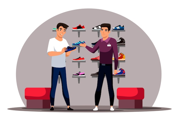 Vector gratuito la escena de la tienda de zapatos con un joven elige un nuevo par de zapatillas para correr en el departamento de calzado deportivo. el consultor masculino ayuda al comprador con la compra.