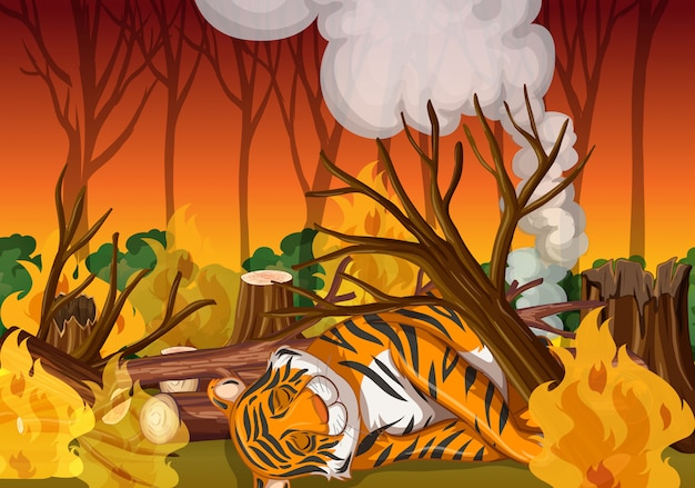 Vector gratuito escena con tigre y fuego salvaje