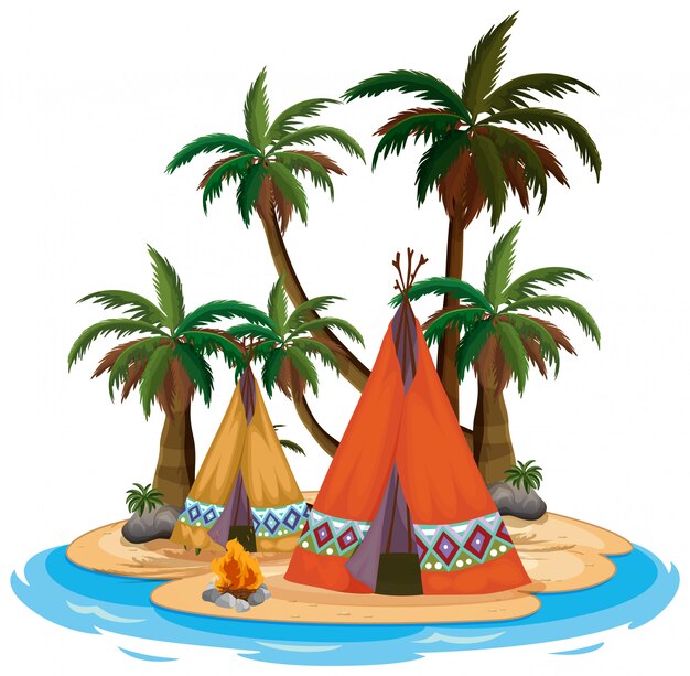 Escena con tipi y fogata en la isla sobre fondo blanco.