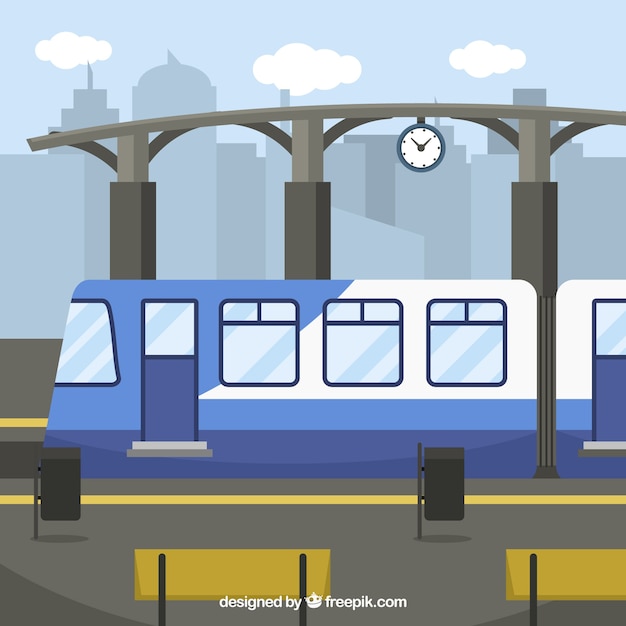 Escena de tren en la estación en diseño plano 