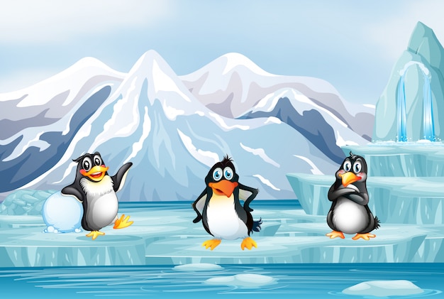 Escena con tres pingüinos en hielo